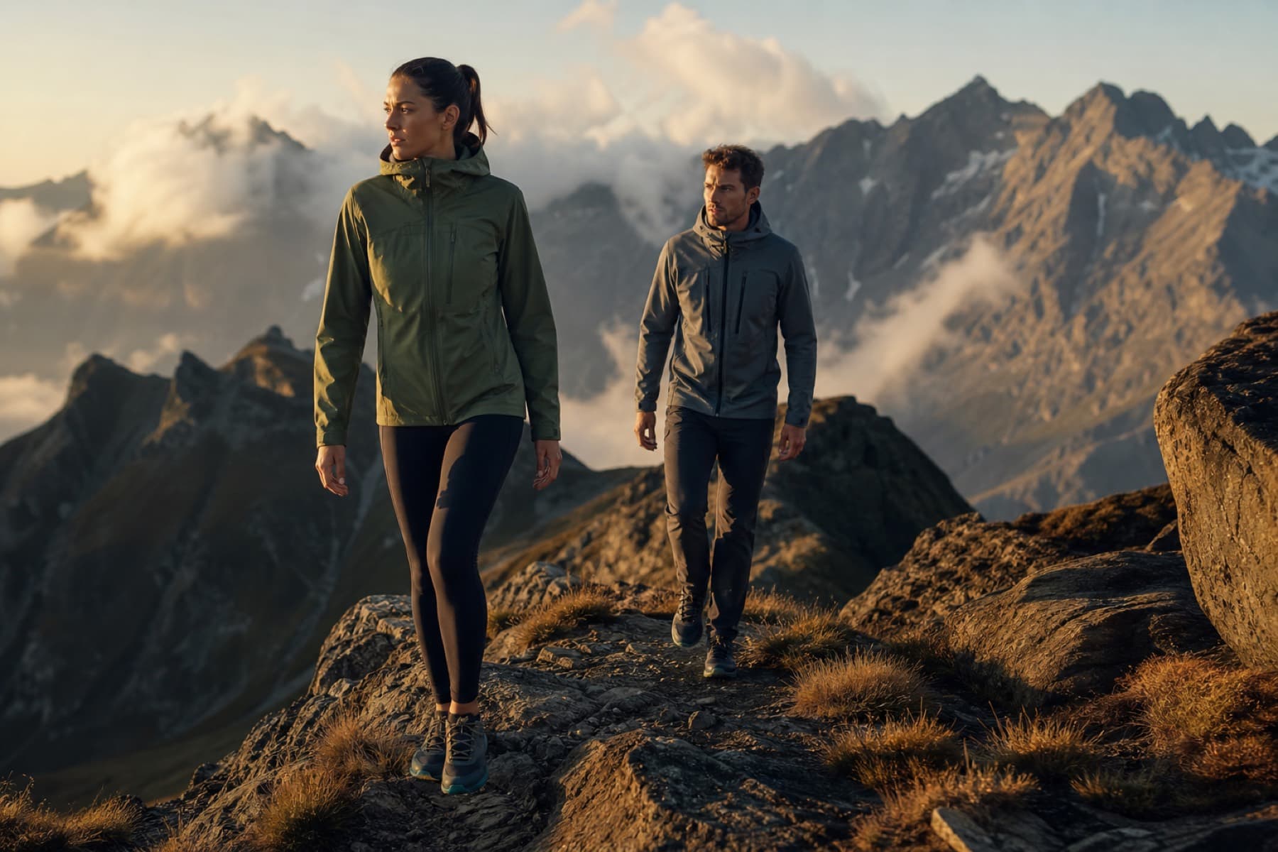 Athletes on an alpine ridgeline at golden hour